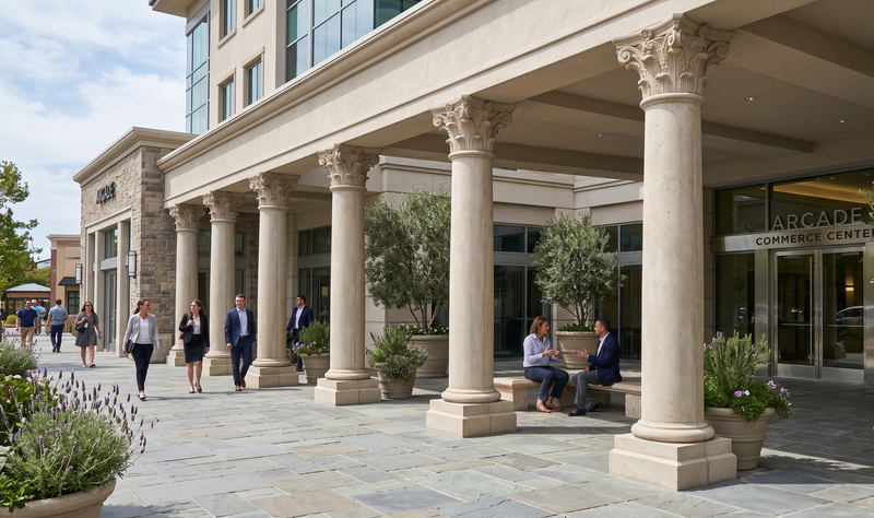 People sitting on a bench under a stone colonnade in front of a building with gfrc columns.
