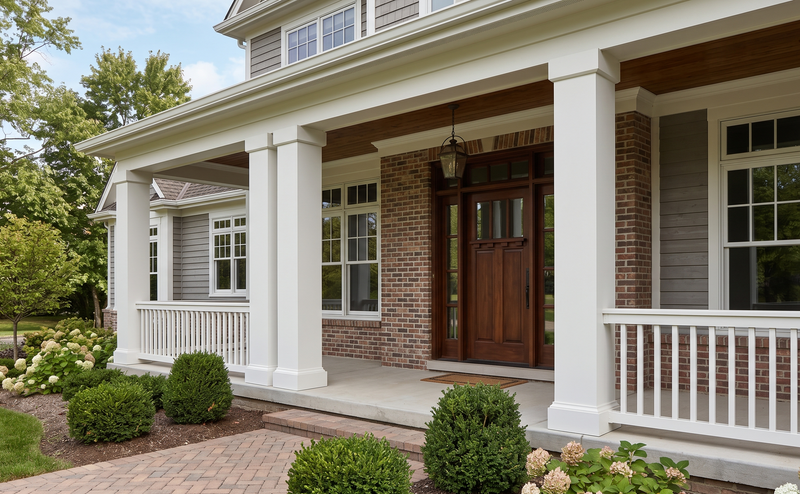 Front view of a two-story house with a white porch, balustrades, square columns and a wooden door.